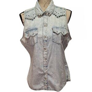 Womens Western Pearl Snap Front Chambray Denim Sleeveless Top Large Rhinstone